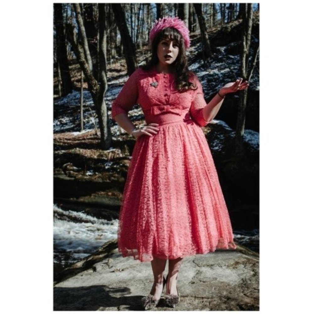 Vintage 50s Pink Fit Flare Lace Dress Set M